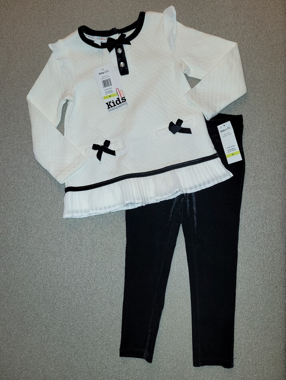 Kids Headquarters Size 4t White With Black Bow Top & Black Velvet Pants Set NWT